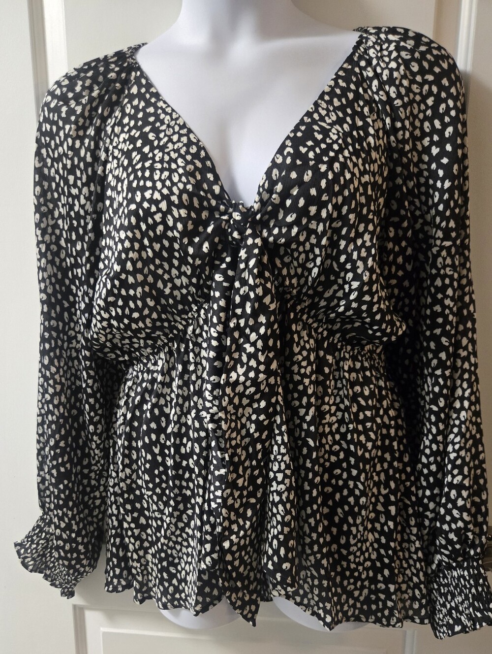 ODDI Black and White Printed Tie-Front Blouse